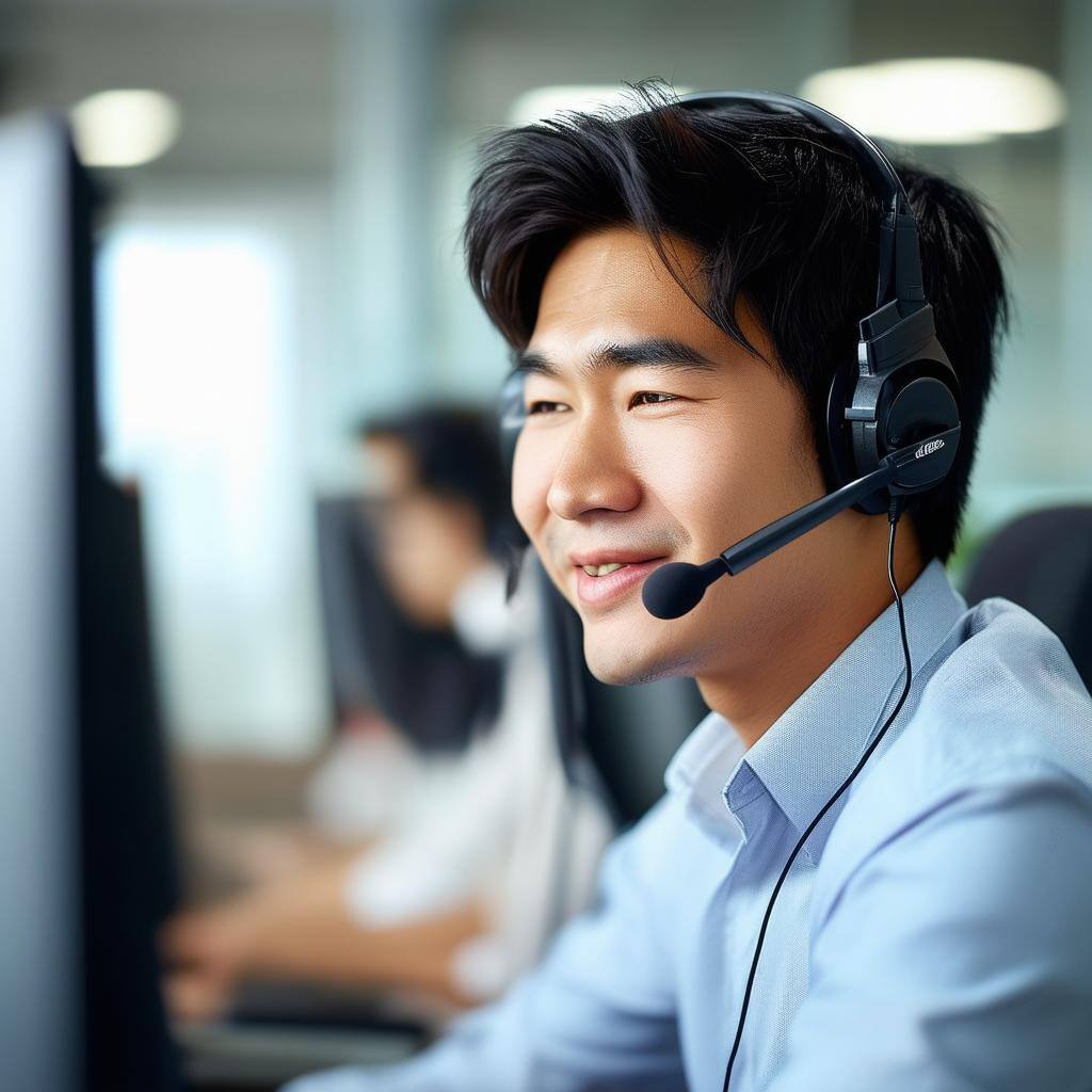 male asian contact center on headset